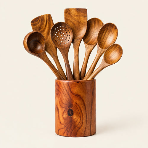 7-piece Indonesian teak utensil set in the wooden holder