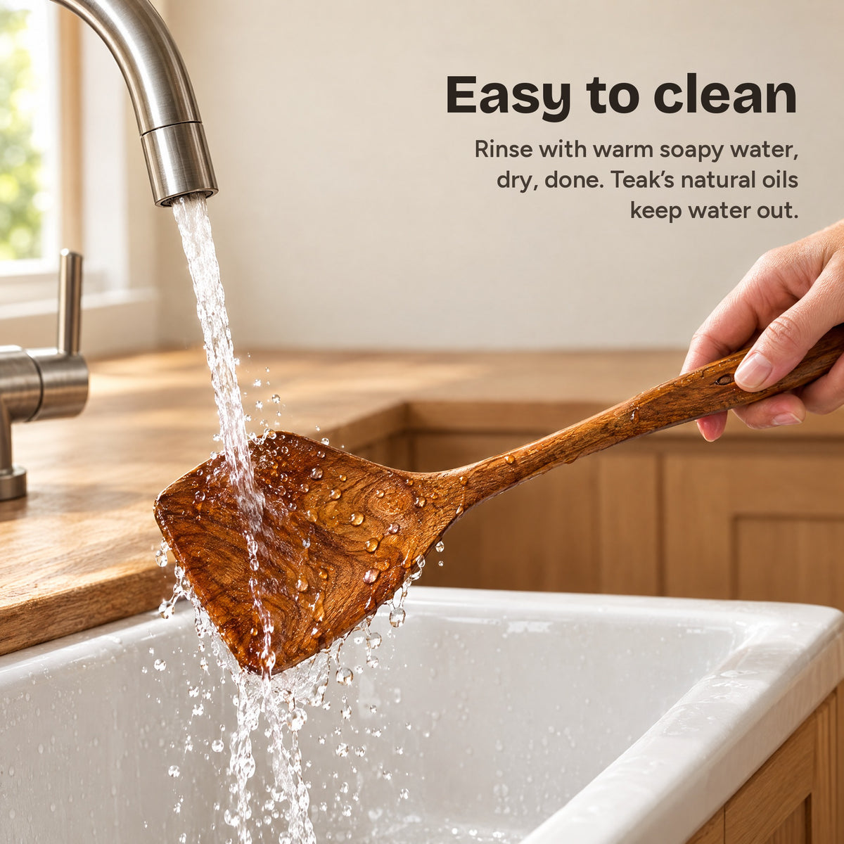 Rinsing a teak turner under the tap: easy to clean