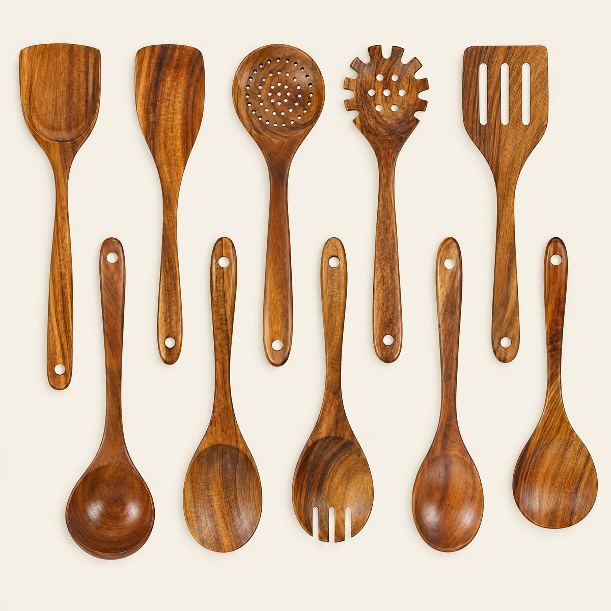 10-piece Indonesian teak utensil set laid out