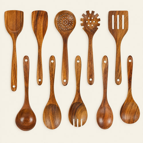 10-piece Indonesian teak utensil set laid out