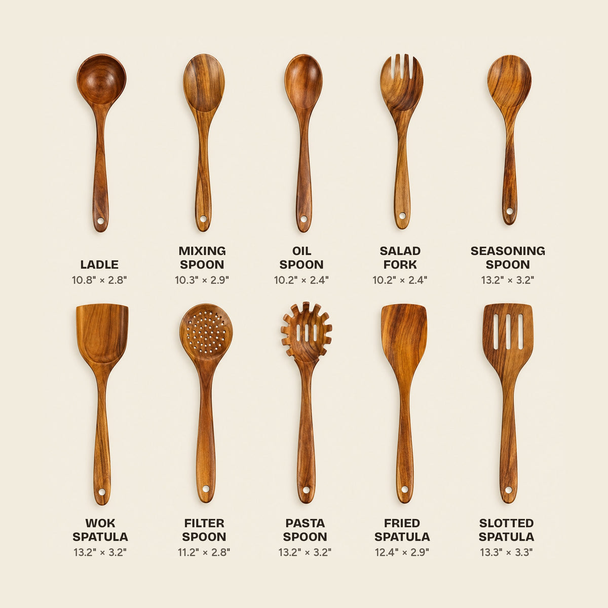 Every piece in the 10-piece set with its size in inches
