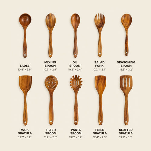 Every piece in the 10-piece set with its size in inches